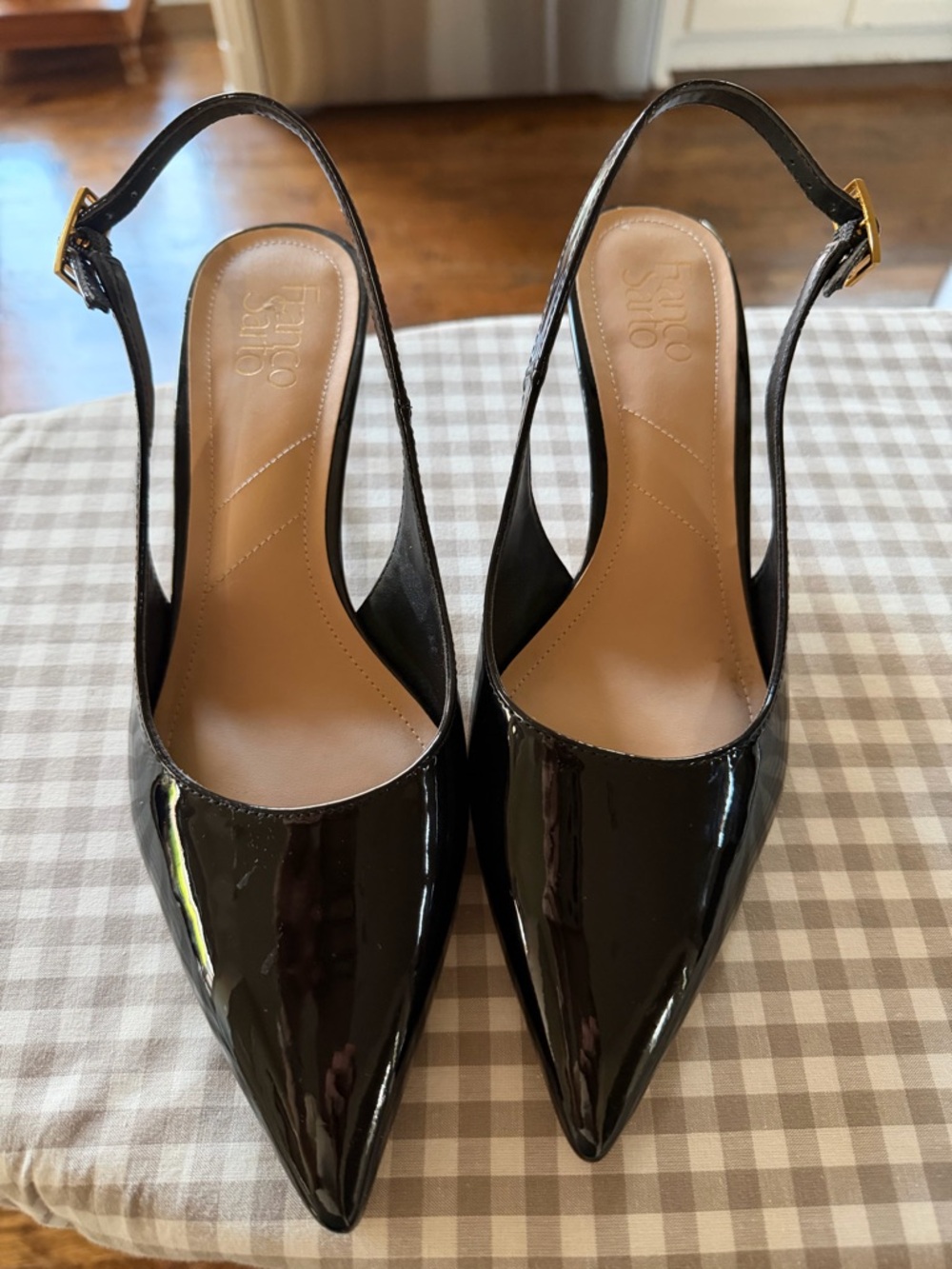 Franco Sarto Black Patent Pointed Slingback Pumps